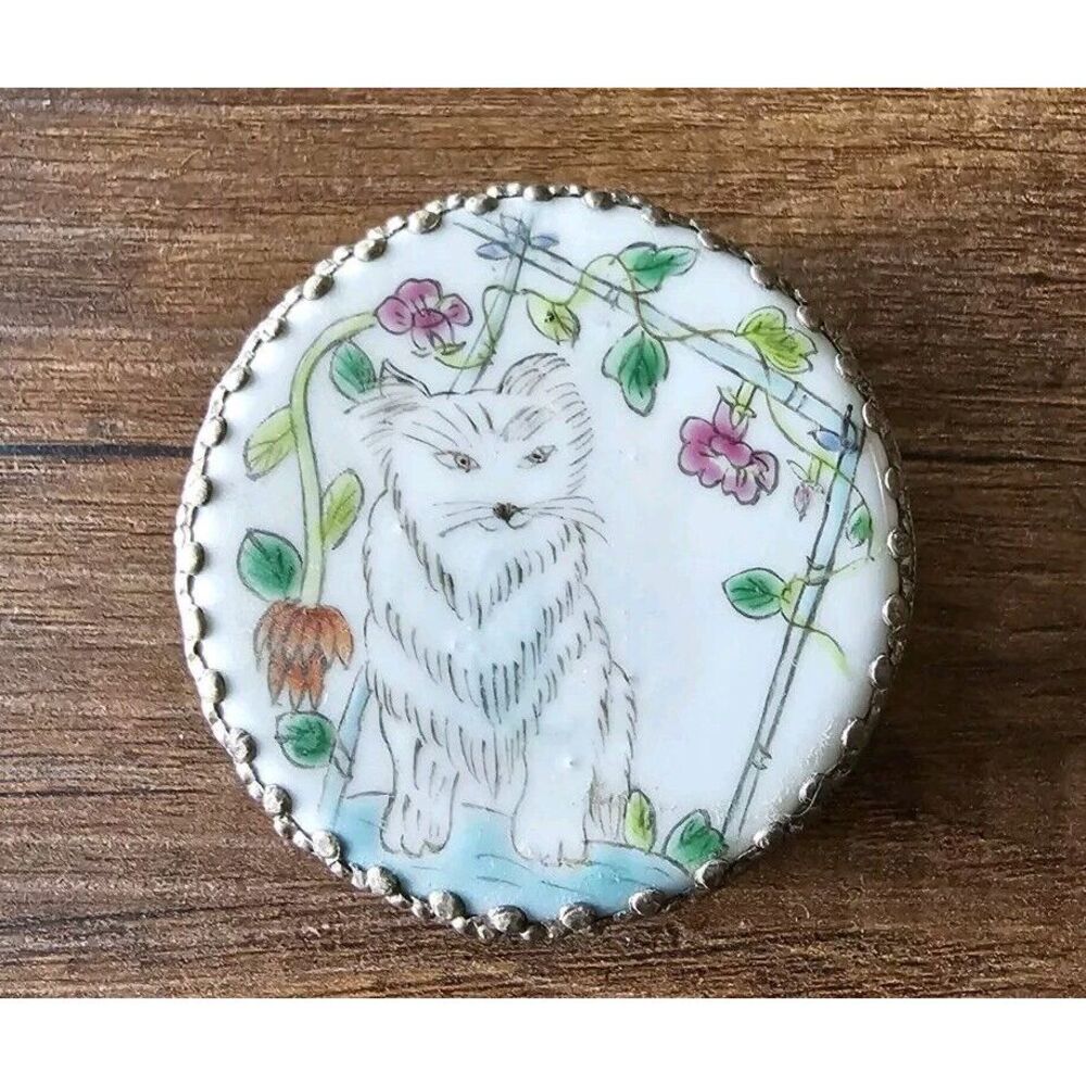 Vintage‎ Hand Painted Tin Trinket Box Compact W Mirror Inside Cat Kitten Flowers